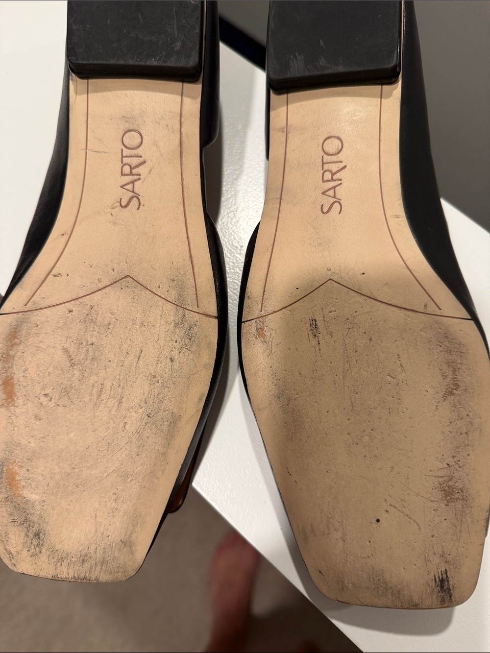 Black Leather Square-Toe SARTO Flats US 10 square heel cut out side A-TRACY SHOE - Picture 6 of 8